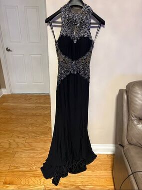 Black Prom Dress with Silver Lace Appliqué